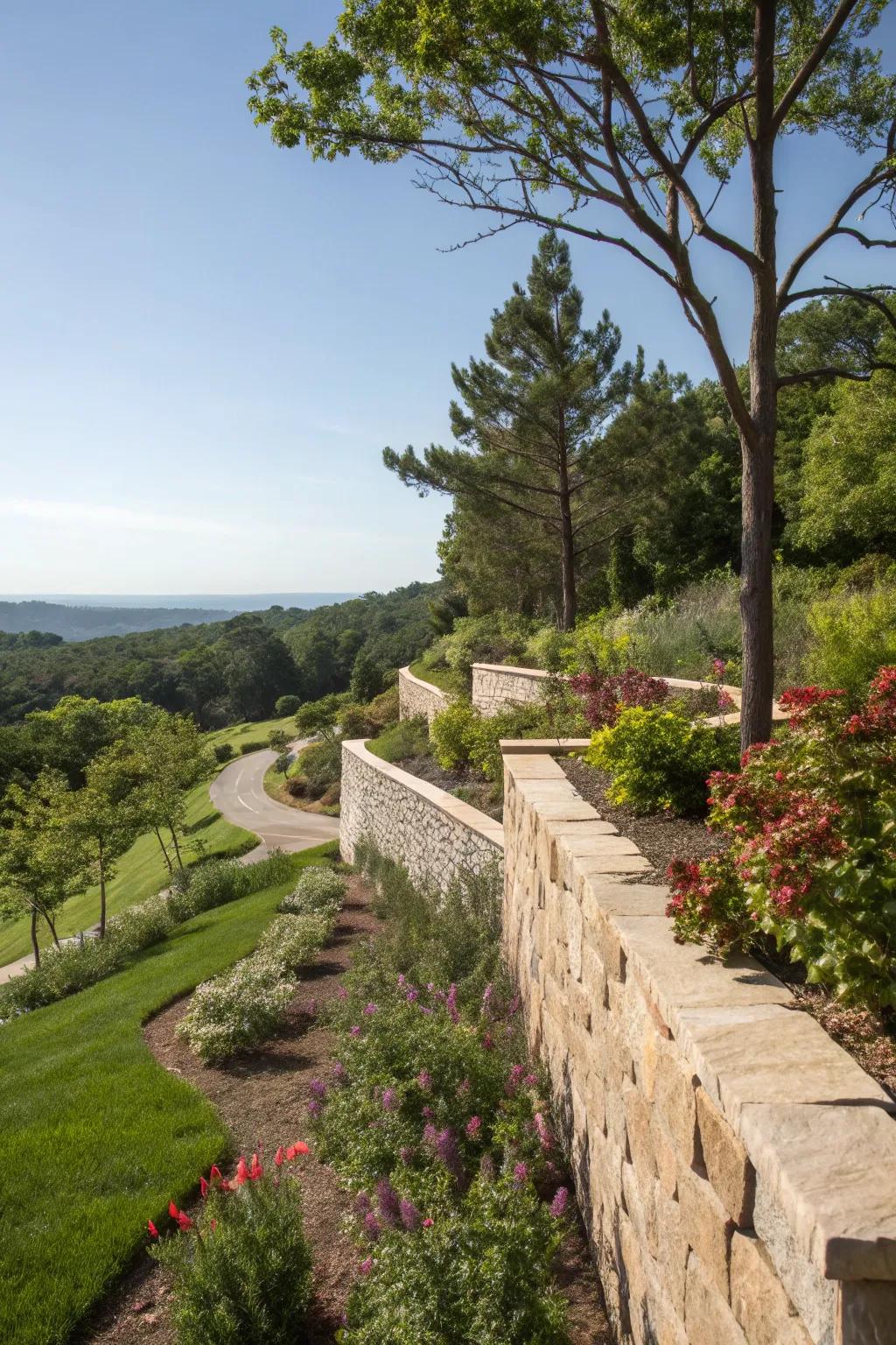 Natural stone caps give retaining walls a classic feel.