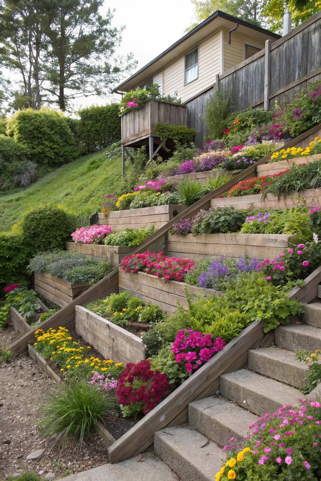 Terraced garden beds transform slopes into lush, vibrant landscapes.