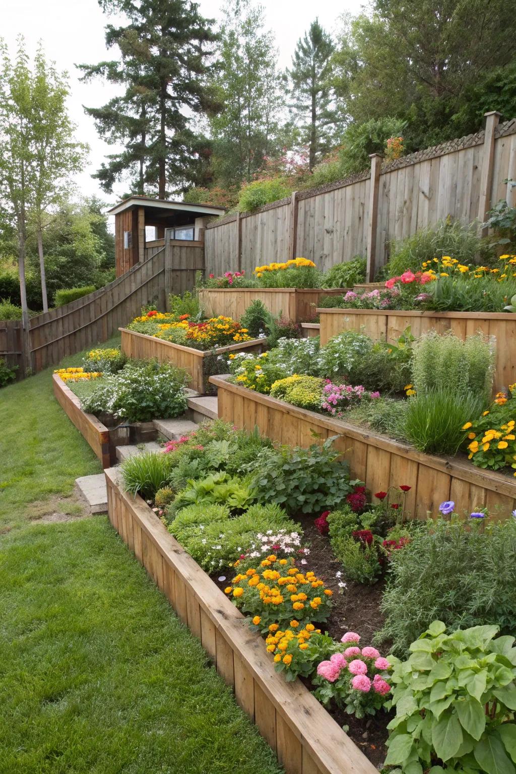 Build a tiered garden using retaining walls for a lively, layered appearance.