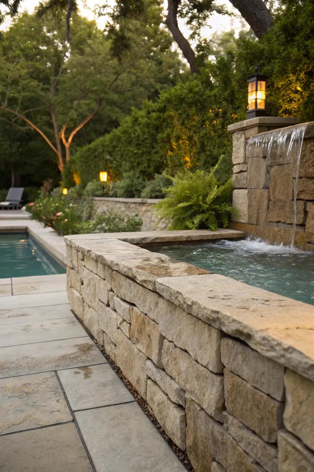 A natural stone retaining wall complemented by a soothing water element.