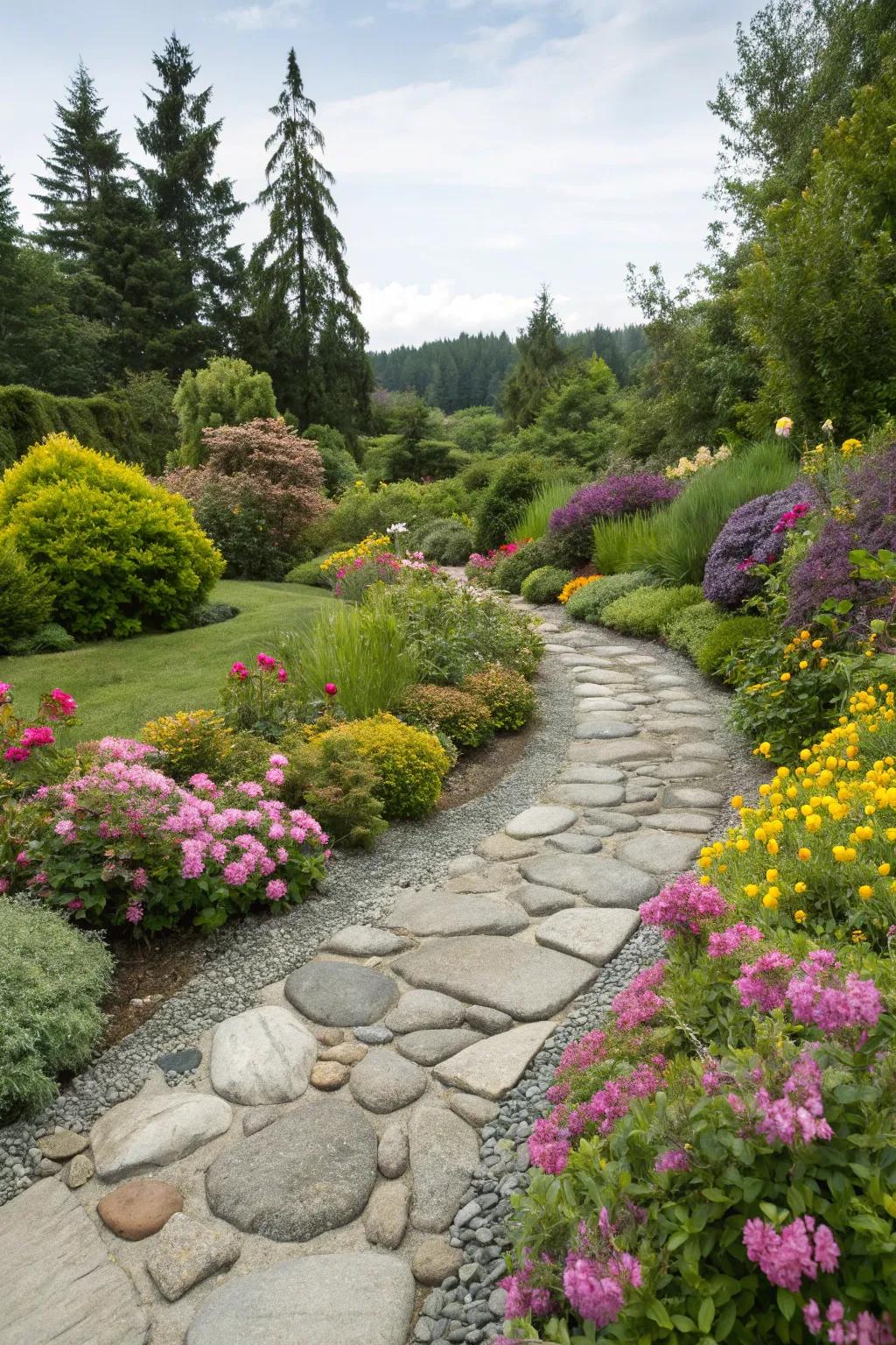 A serene stream stone path beckons you to meander through the wonders of nature.