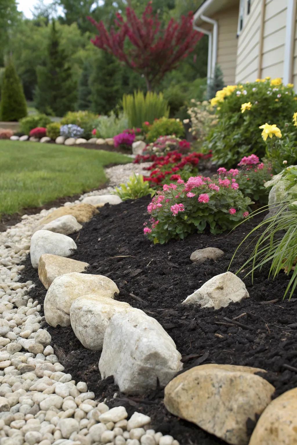 The contrast of dark mulch against light rocks creates a captivating effect in this garden.