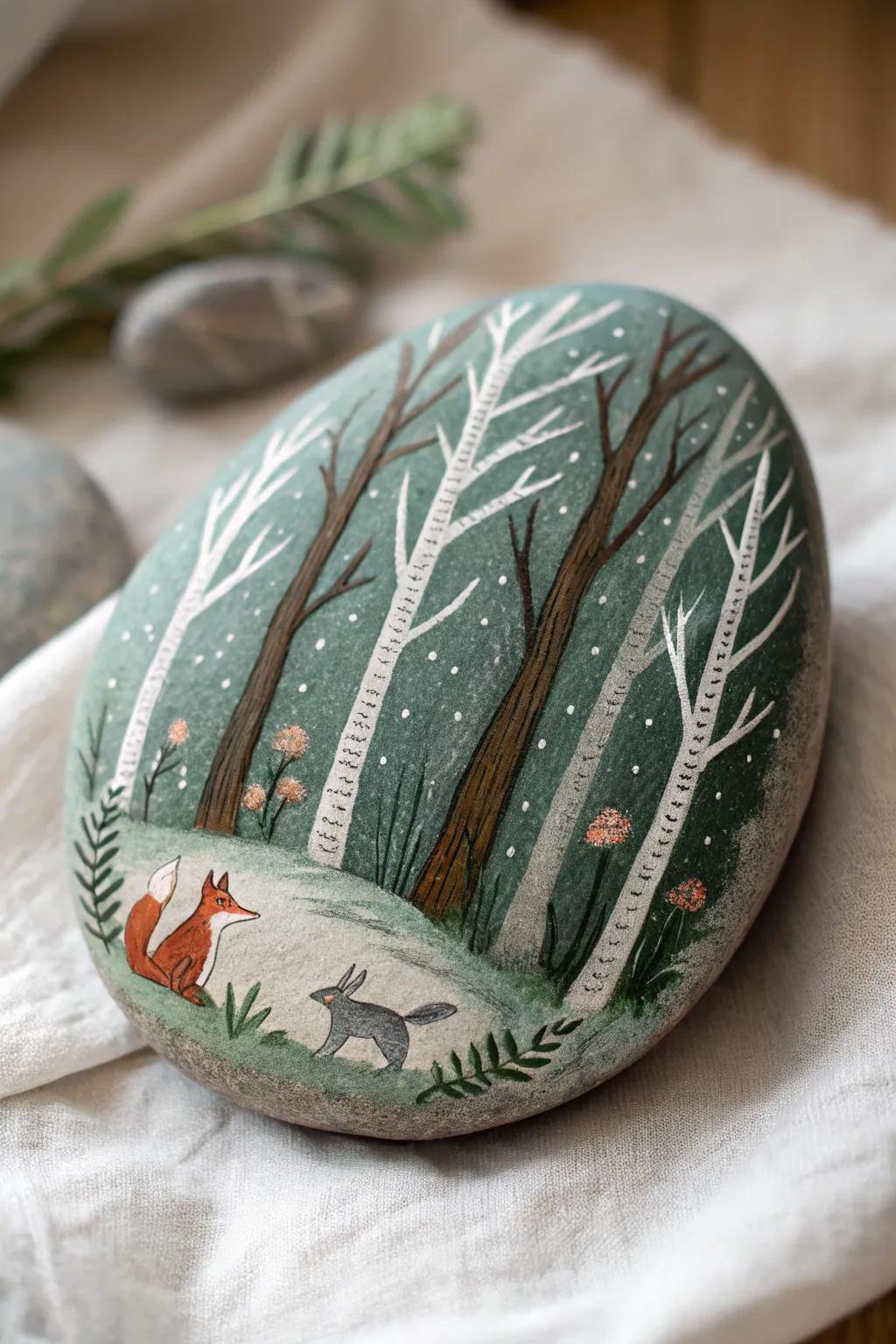 Invite the peaceful beauty of the forest into your space with this delightful, hand-painted rock creation.