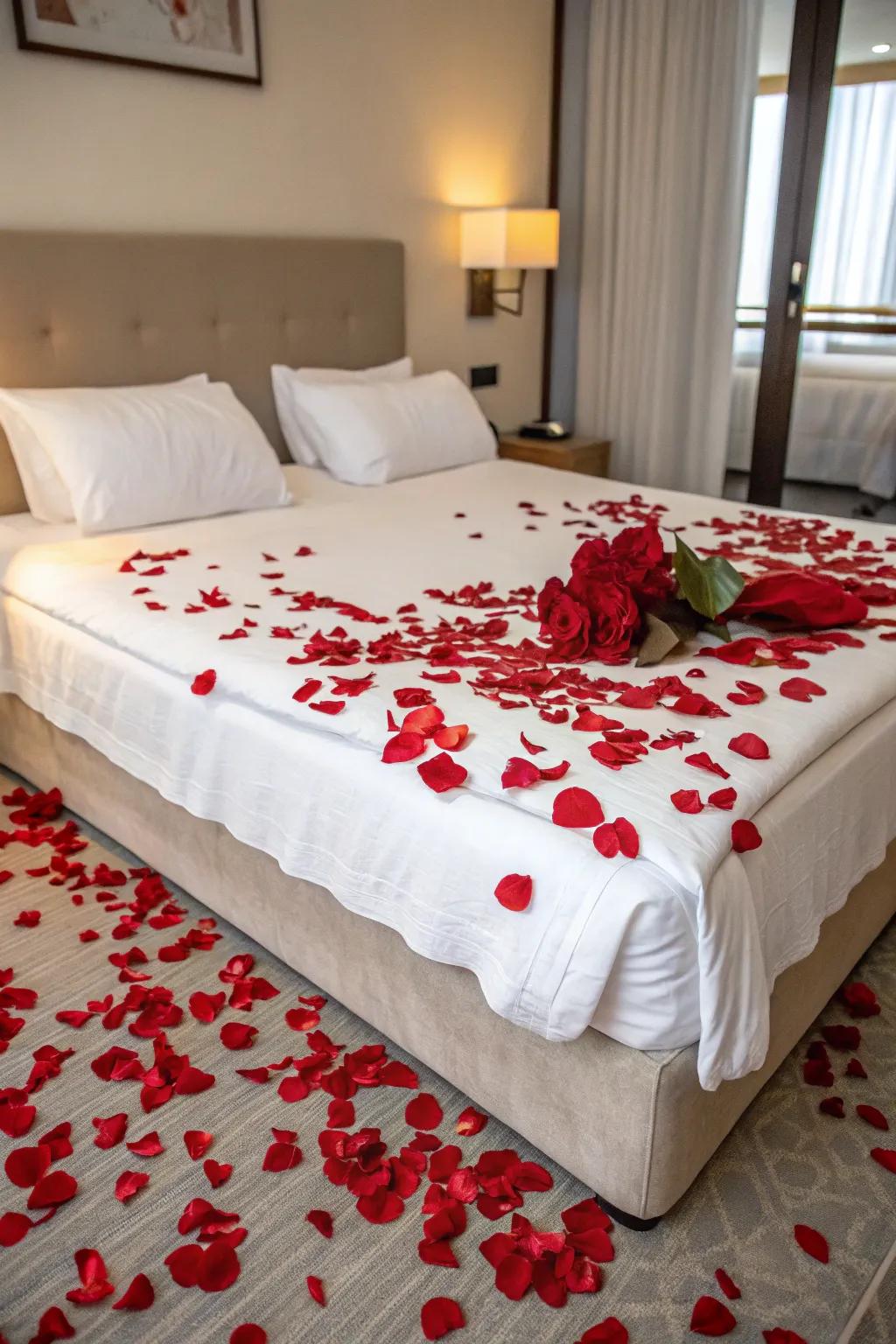 Crimson floral sprinkles transform a basic bed into a romantic masterpiece.