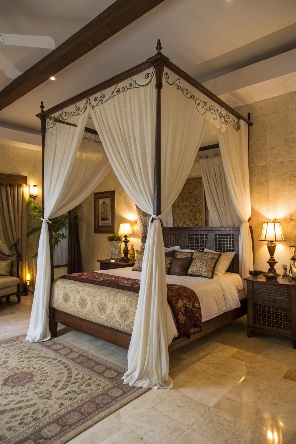 A canopy bed draped with delicate fabrics, forming an intimate and royal atmosphere.