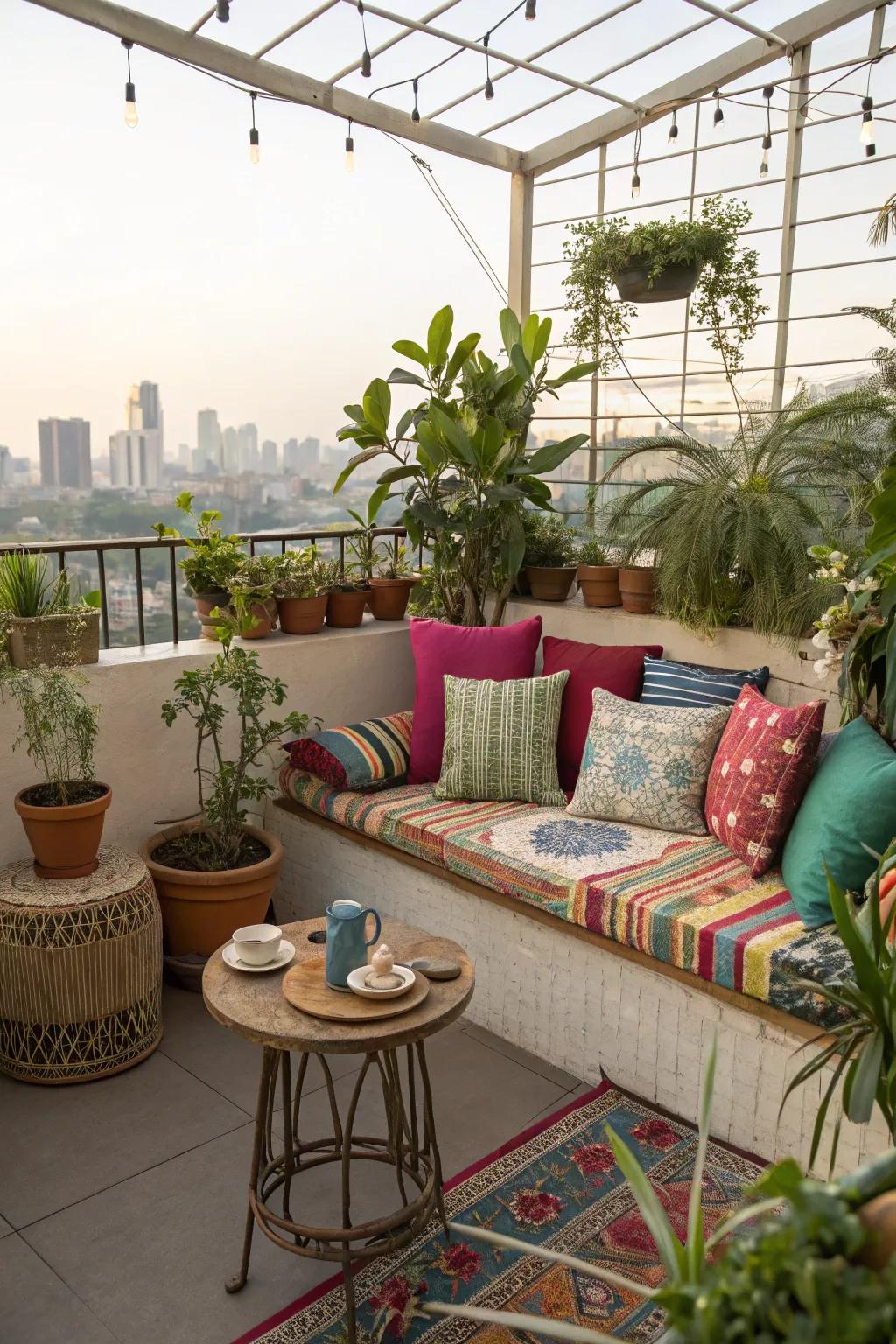 A snug corner on the rooftop featuring lively cushions and plants.