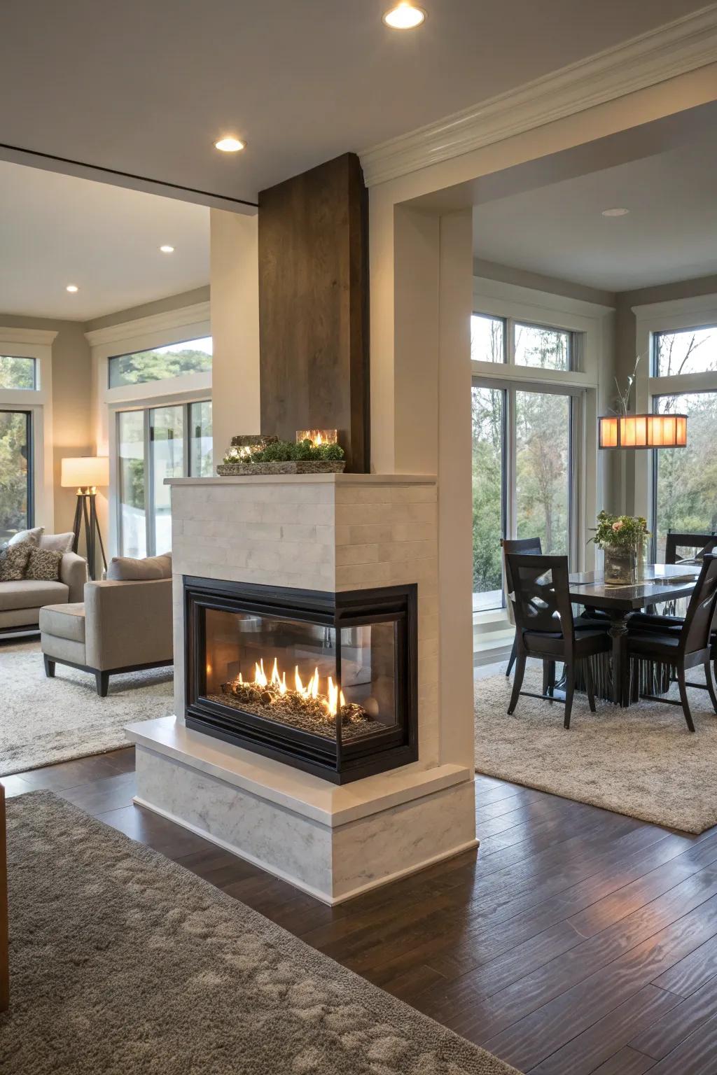 This double-sided fireplace acts as a seamless link between the living and dining zones.