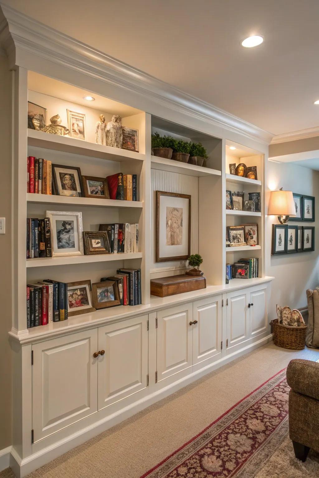 A partition wall featuring built-in shelves adorned with books and décor, creating a stylish room divider.