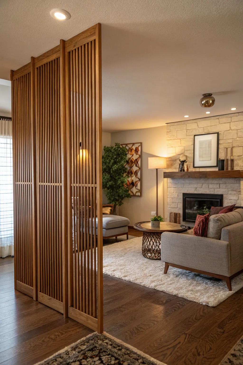 Slat dividers provide a fusion of coziness and modern design, ideal for a welcoming setting.