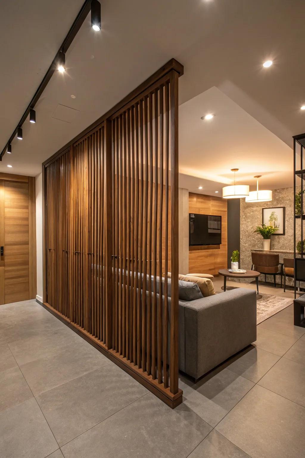 Sleek wood strips provide a stylish and welcoming atmosphere in any basement.