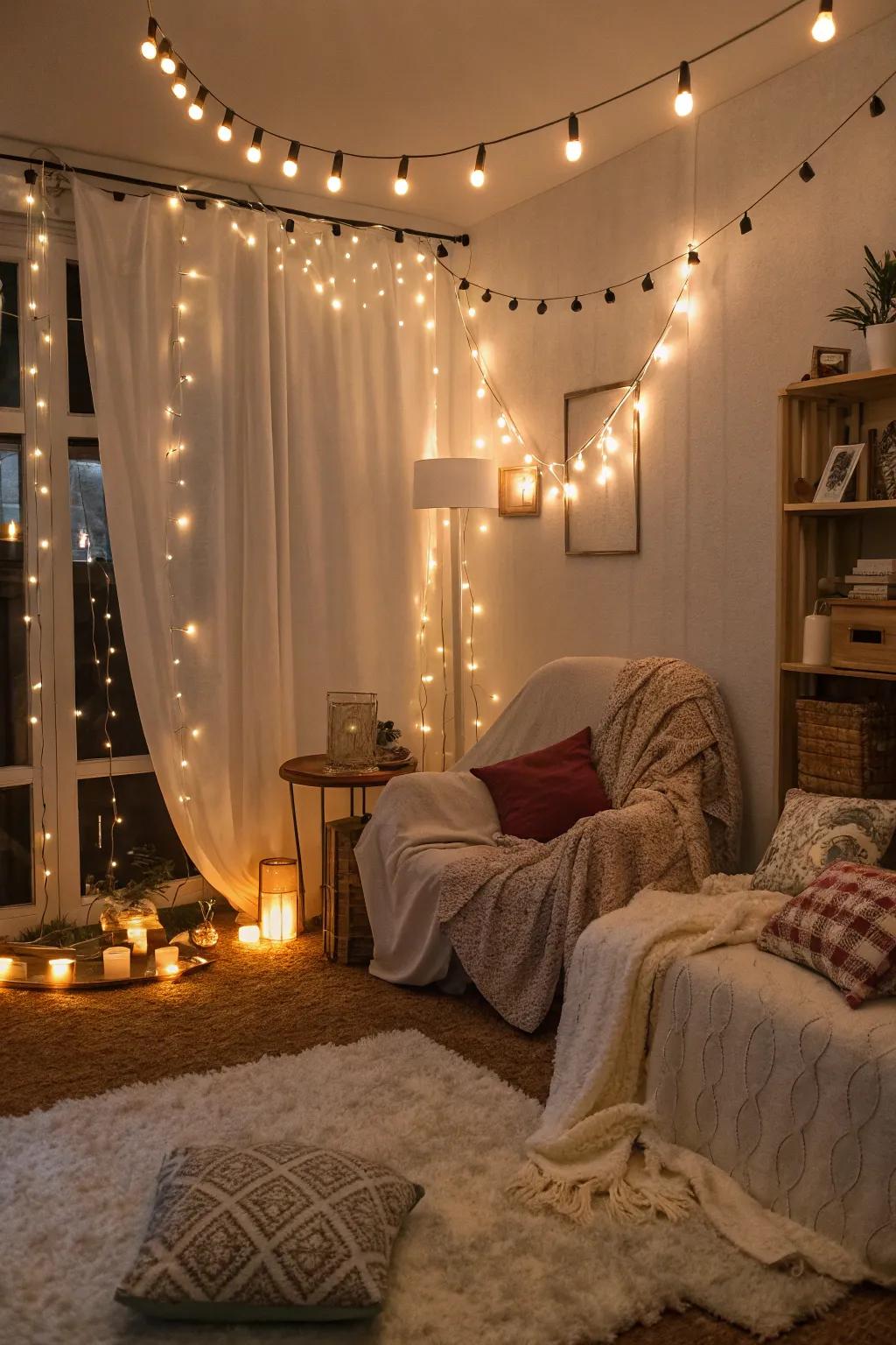 Twinkle lights give a charming feel to this inviting room.