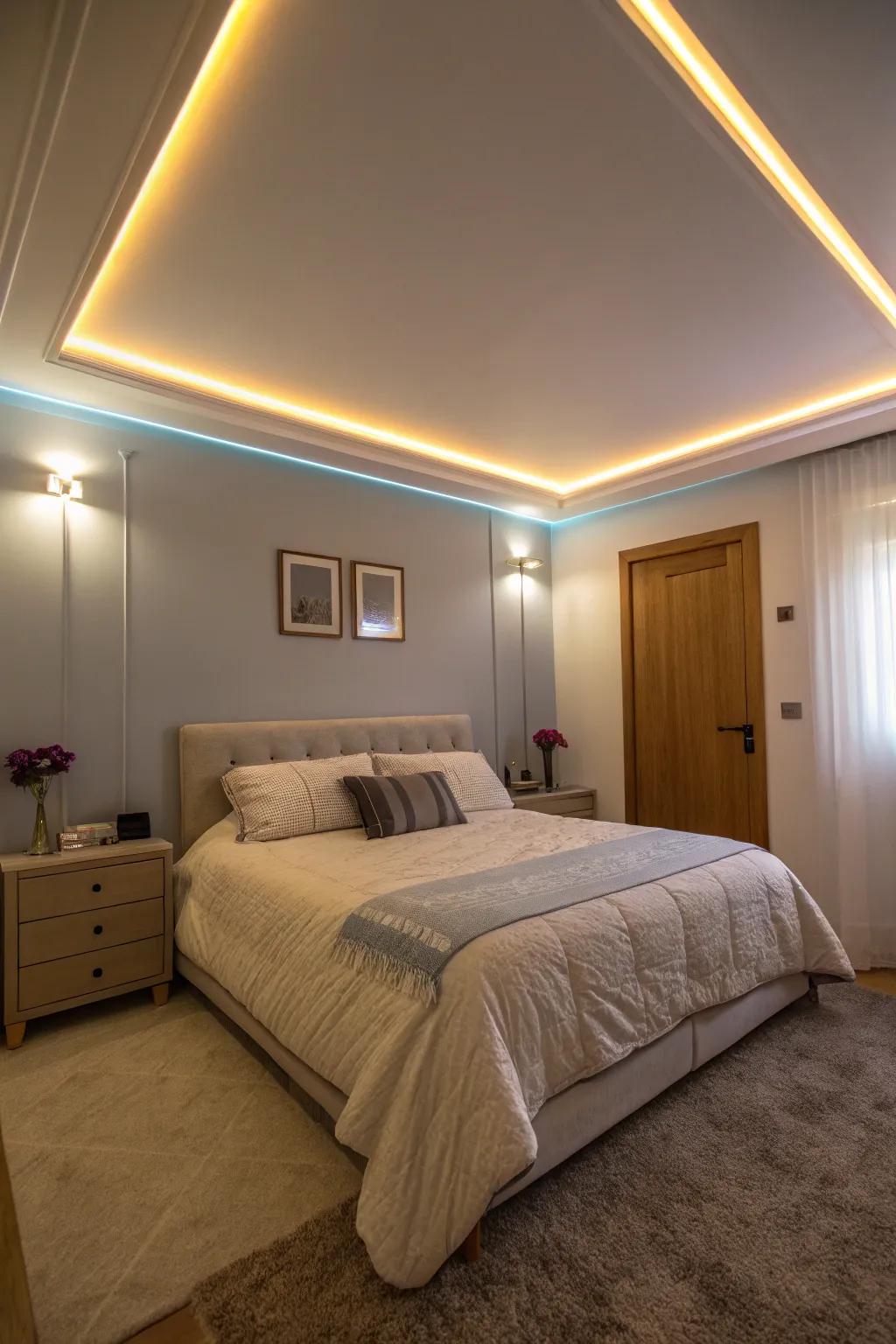 Ceiling softly illuminated with LED ribbons, creating a cozy feel.