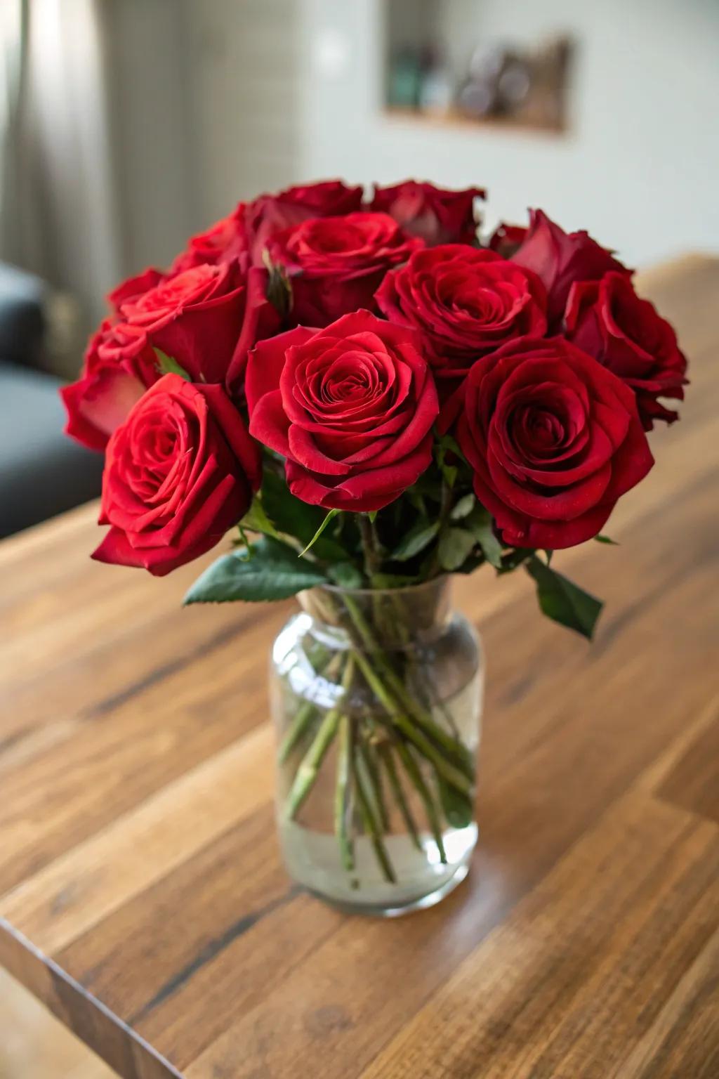 Classic red roses nestled in a transparent container, a must-have for any refined residence.