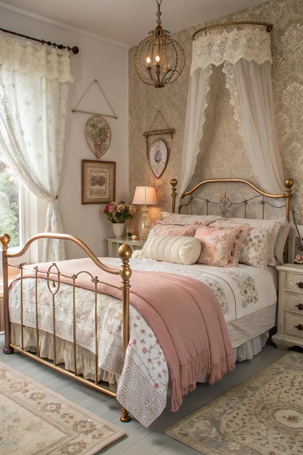 A gorgeous rose gold bedstead beautifully sets the stage for the rest of the room.