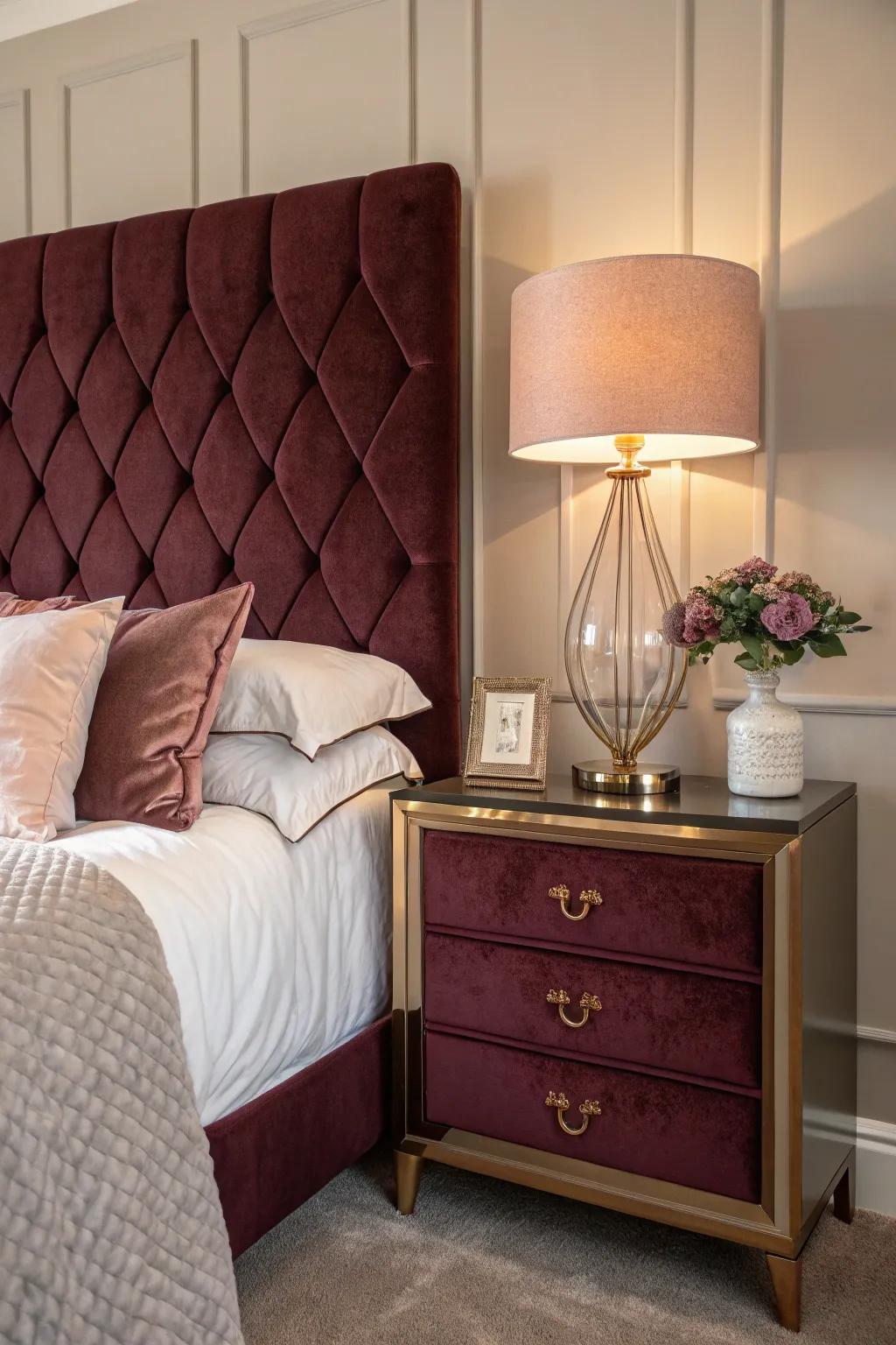 A rich burgundy fuzz headboard enriches the luxurious feel of this bedroom.