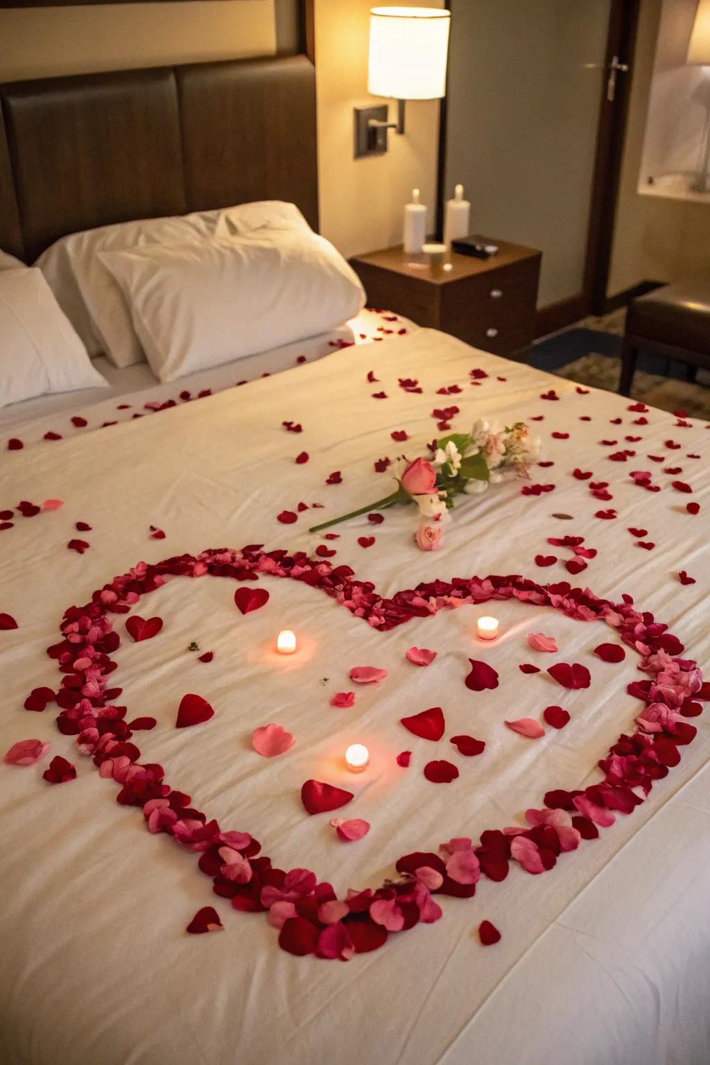 A heart created from rose petals on a bed, prepping the setting for romance