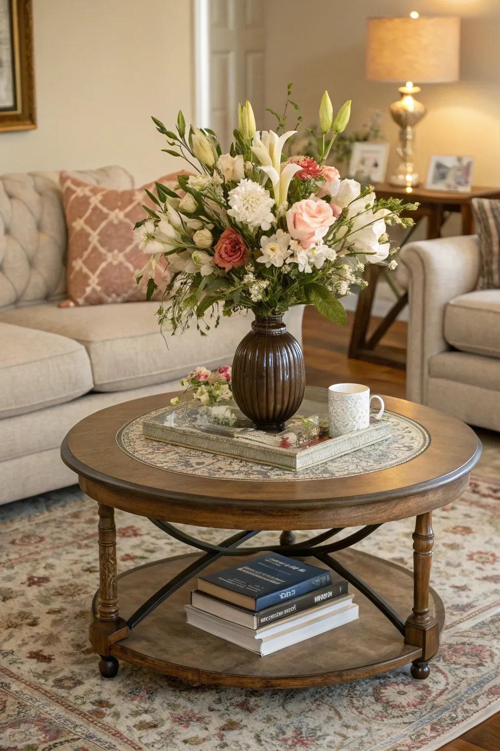 A botanical focal point breathes vitality into your coffee table arrangement.