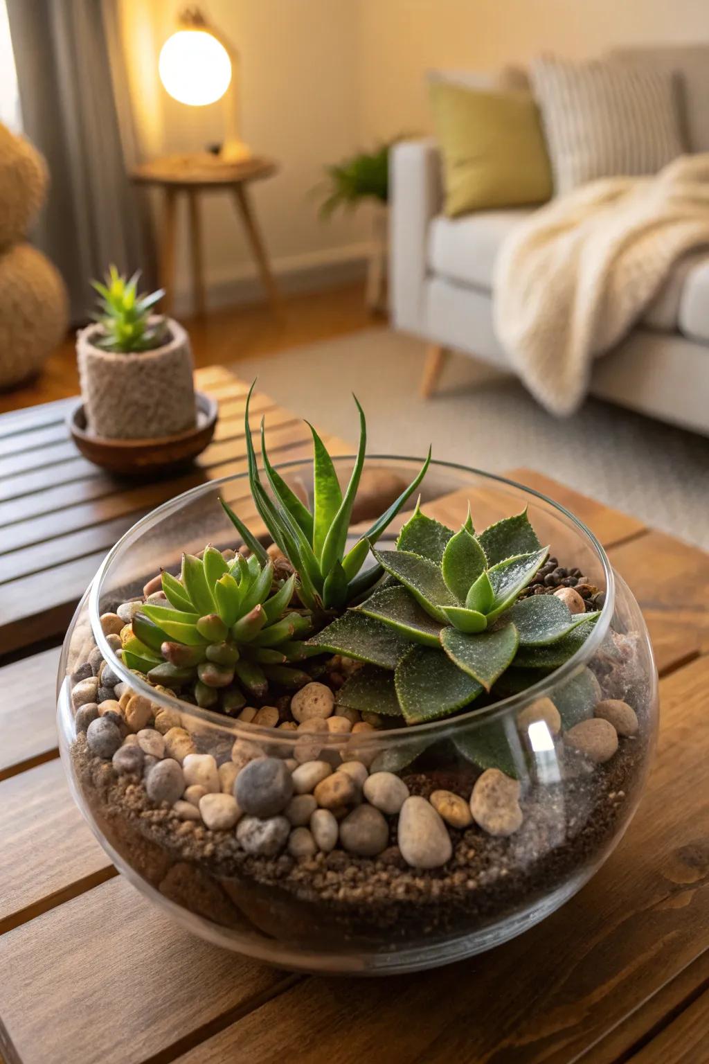 A delightful terrarium nestled in a round glass bowl brings a touch of the natural world inside.