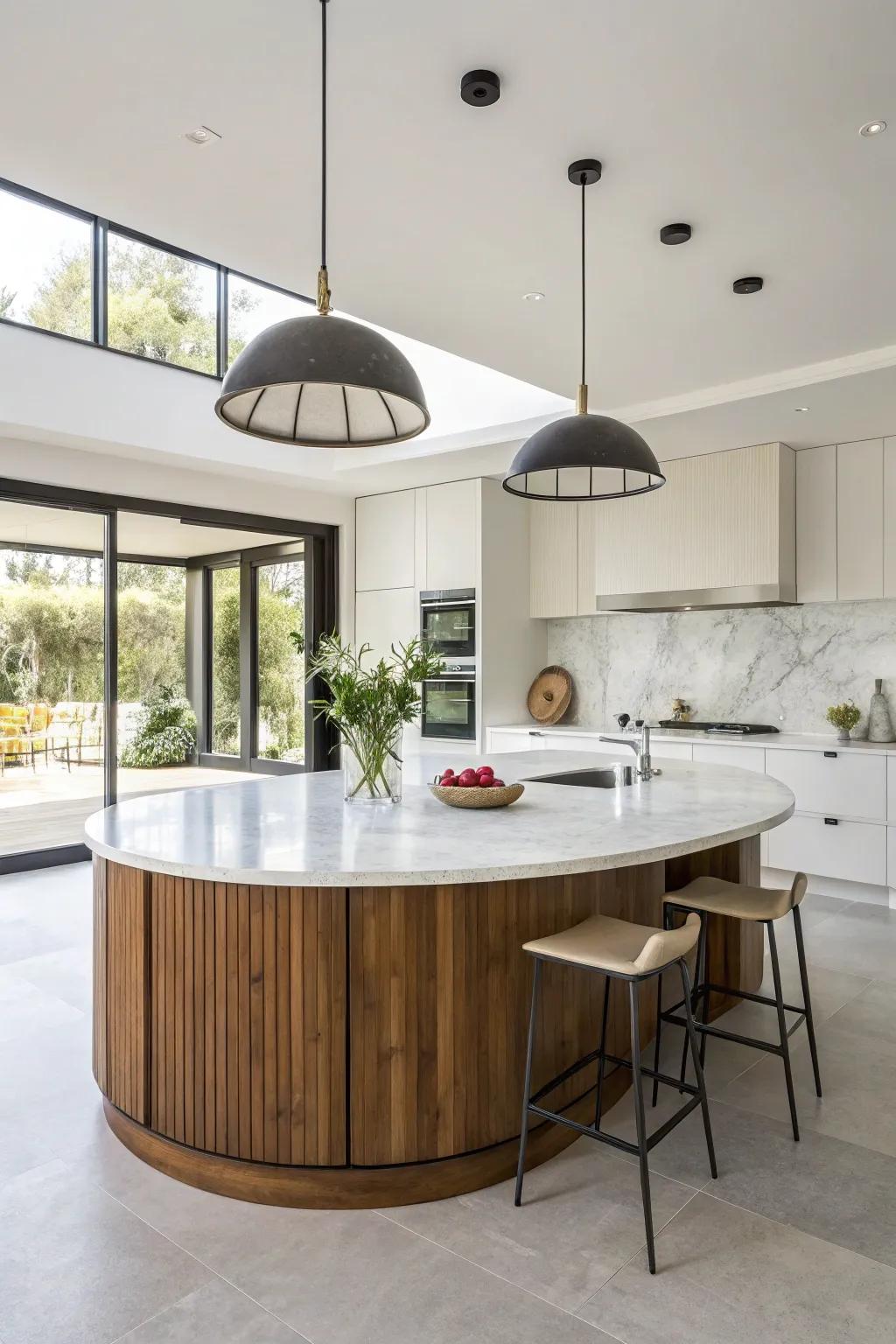 A graceful blend of timber and marble defines this round kitchen island.