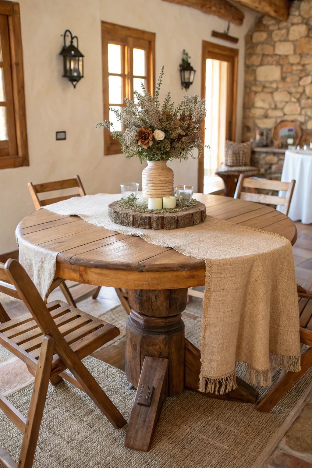 Hessian runners contribute a countryside allure to round tables.