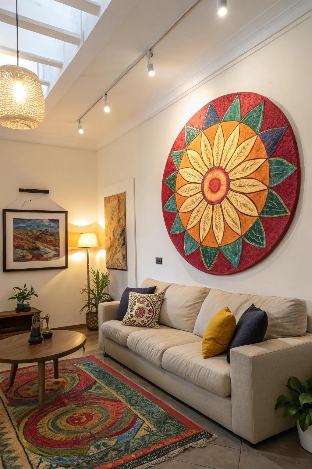 A living area showcasing a bold, vibrant circular artwork as its main attraction.