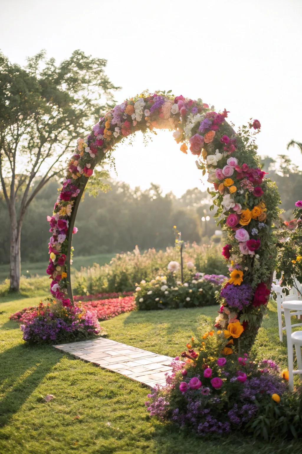A circular wedding arch overflowing with vibrant blossoms.