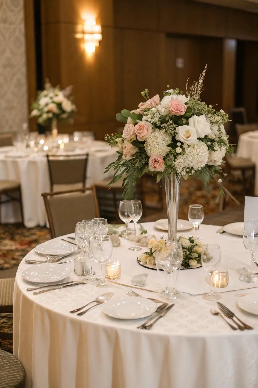 Classic white tablecloth complemented by stunning floral centerpieces.