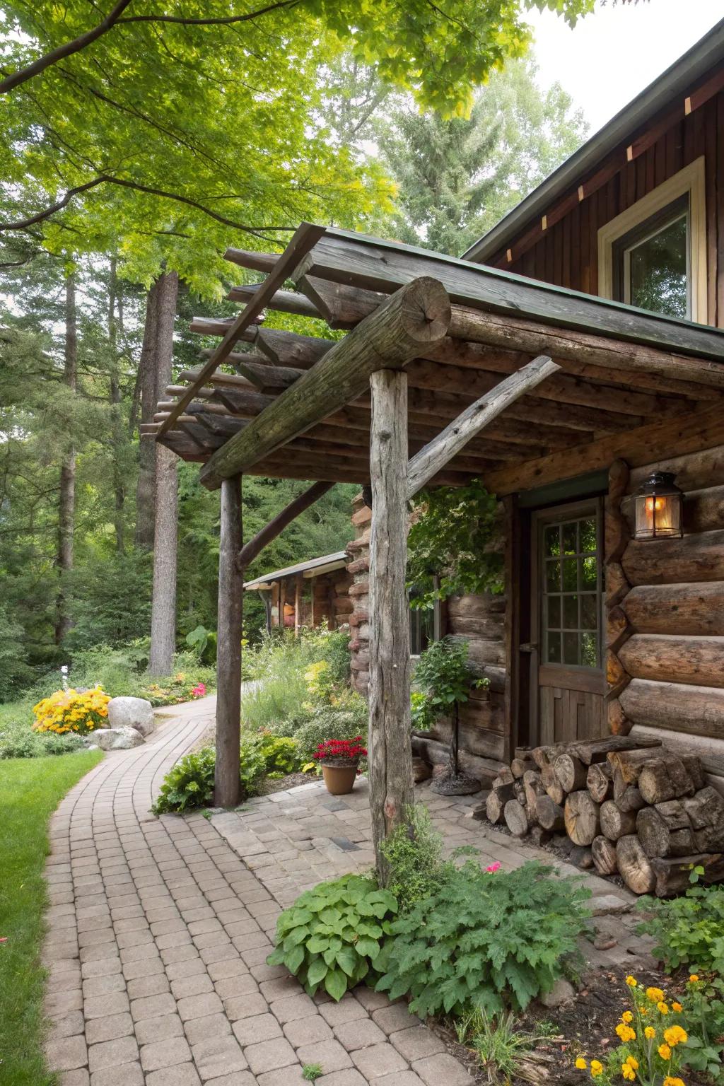 A distressed timber awning brings coziness and countryside charm.
