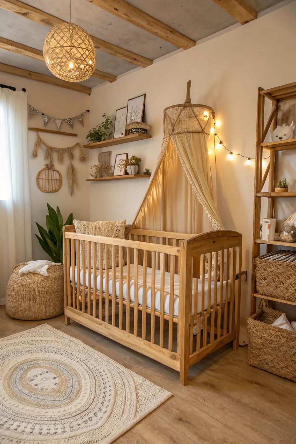 The warmth and appeal of raw wood shades elevate the nursery.