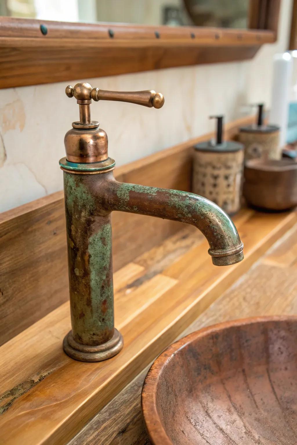 A red metal faucet with an aged finish introduces warmth and personality.