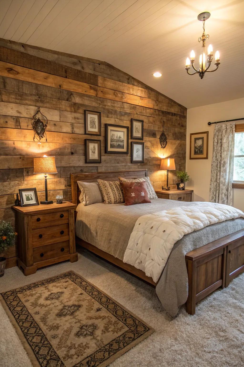 A bedroom showcasing a stunning recovered lumber feature wall.