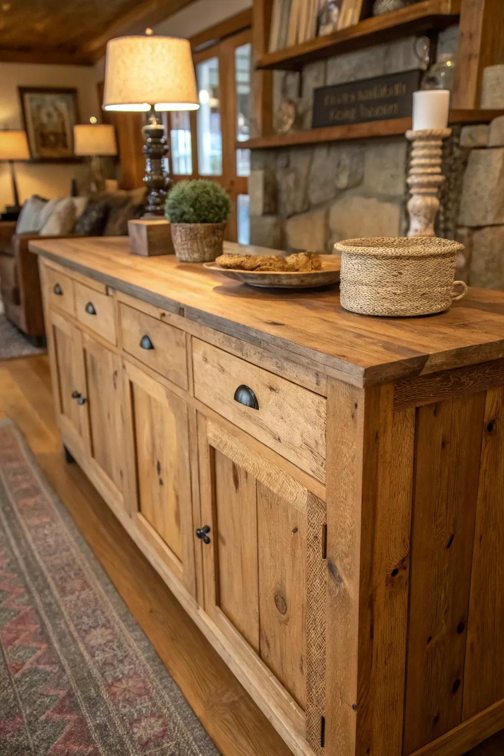 A timbered sideboard displaying beautiful natural grain patterns.