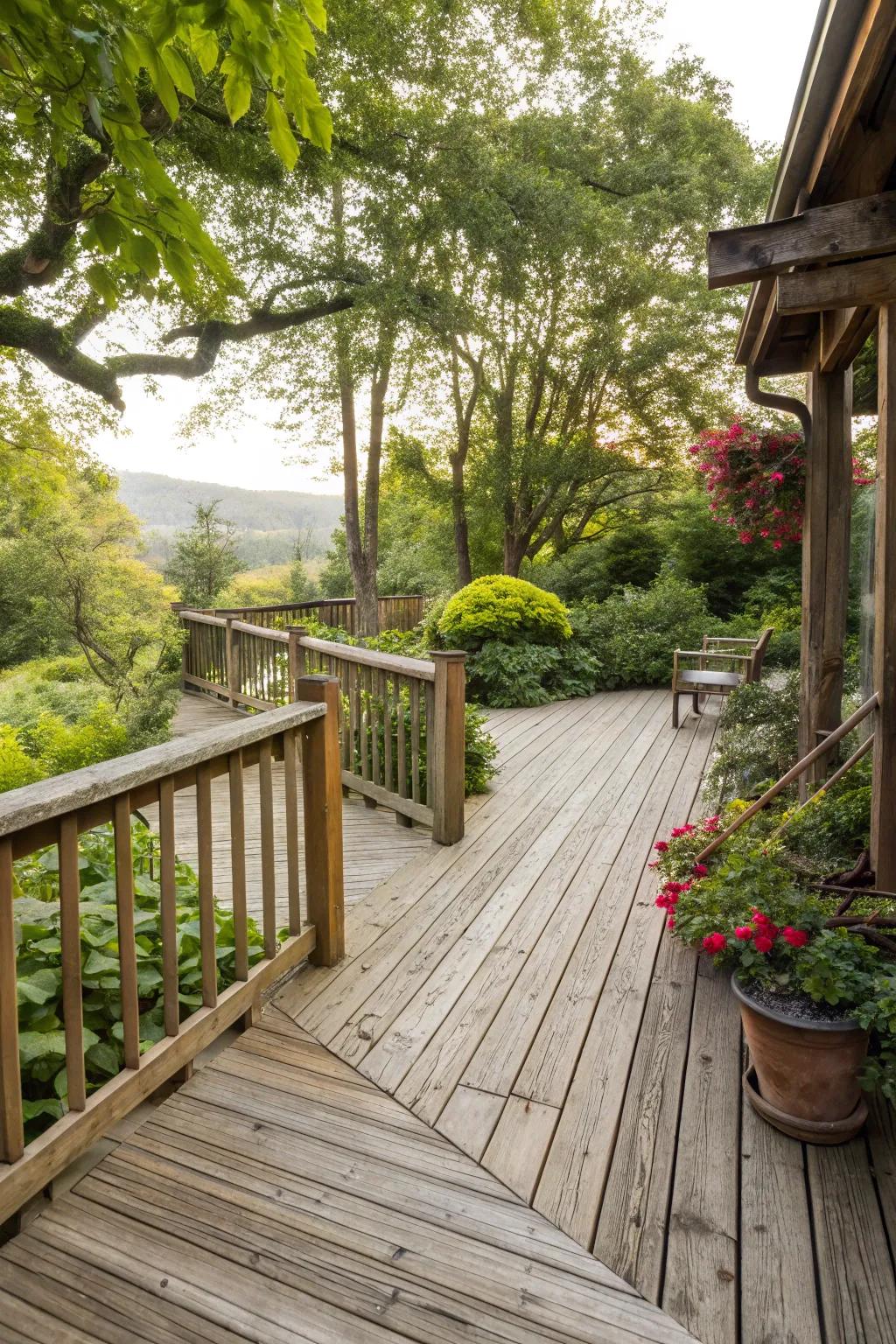 Upcycled wood gives an authentic countryside charm to this deck.