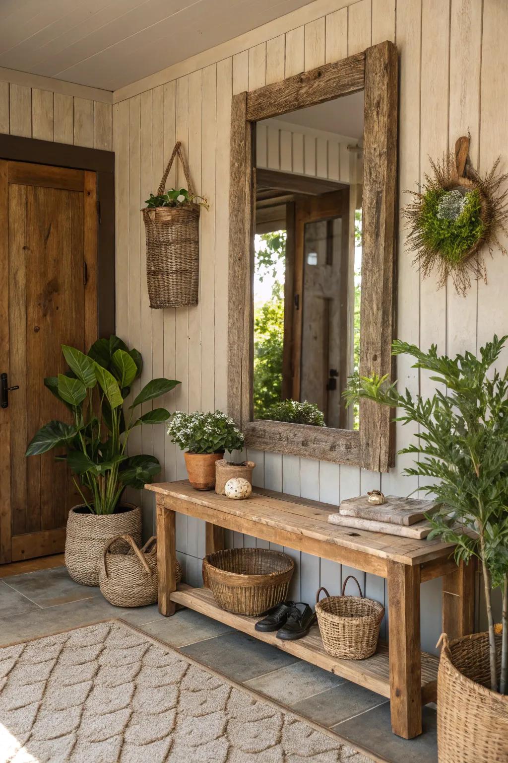 A hallway showcasing a looking glass encased in repurposed lumber.