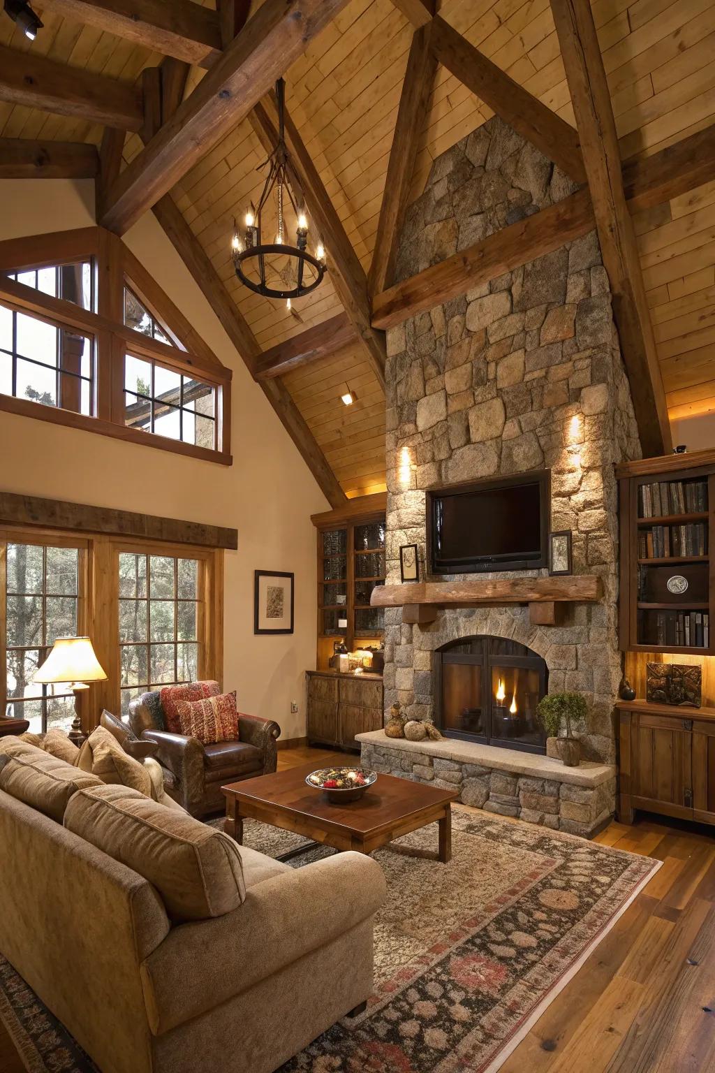 A countryside family space showcasing raw timber beams and a stone fireplace.