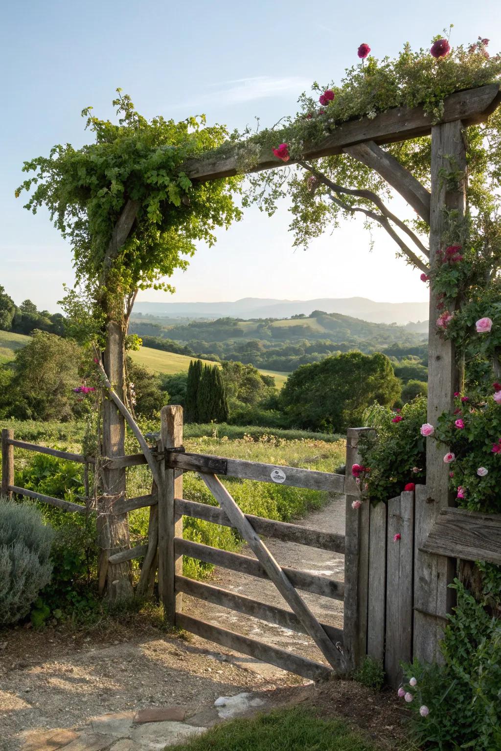 A quintessential timber gate embraced by vibrant foliage.