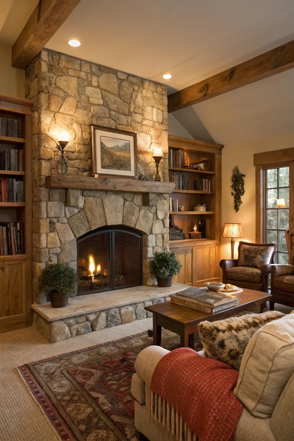 A lounge displaying the innate loveliness of a stone fireplace.