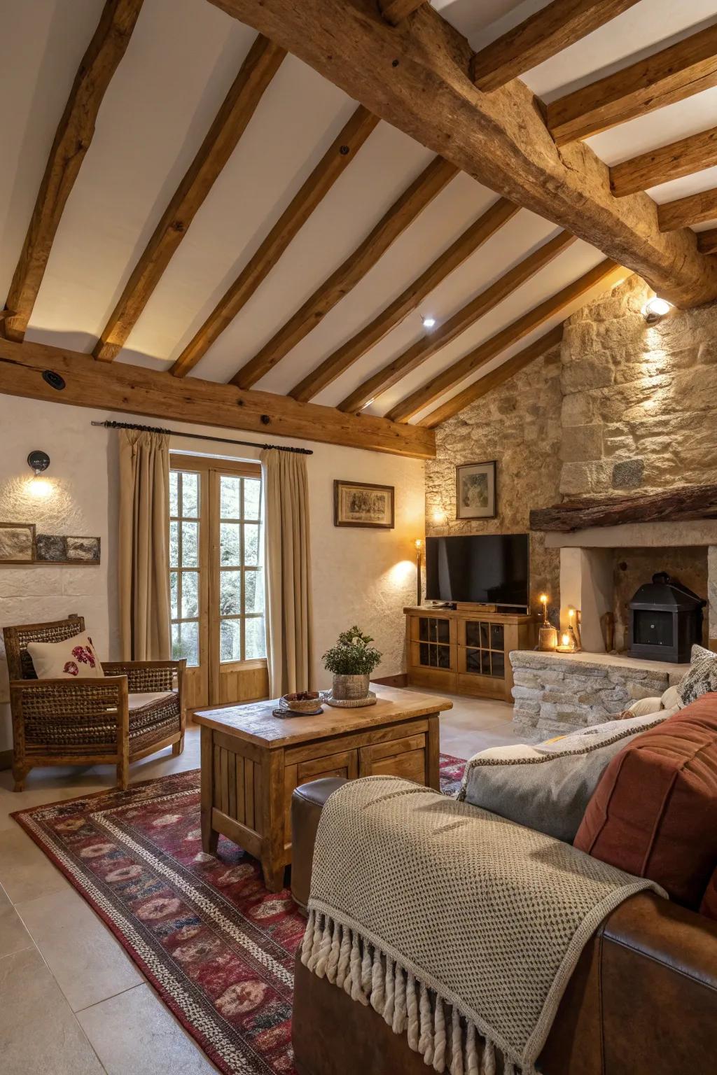 Uncovered wood supports in a rustic family room.