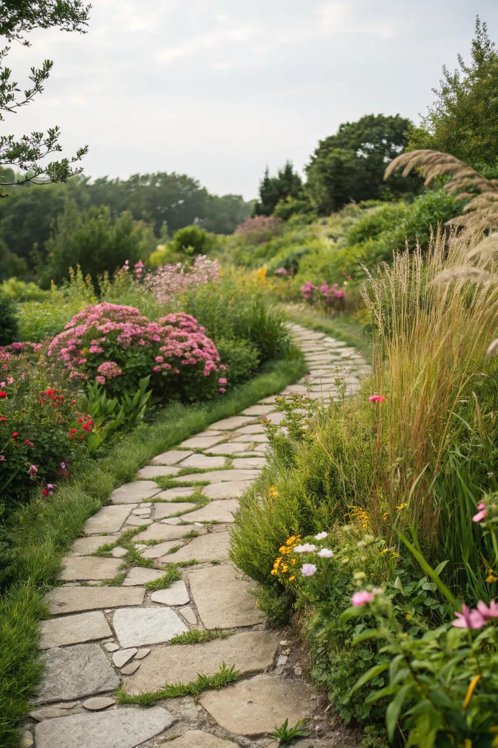 A picturesque stone-laid path gracefully meandering through a vibrant garden.