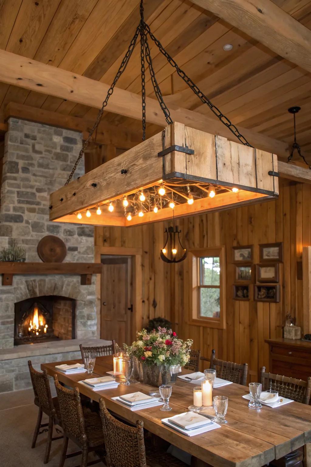 A breathtaking wood beam chandelier brings a touch of country elegance to this dining area.