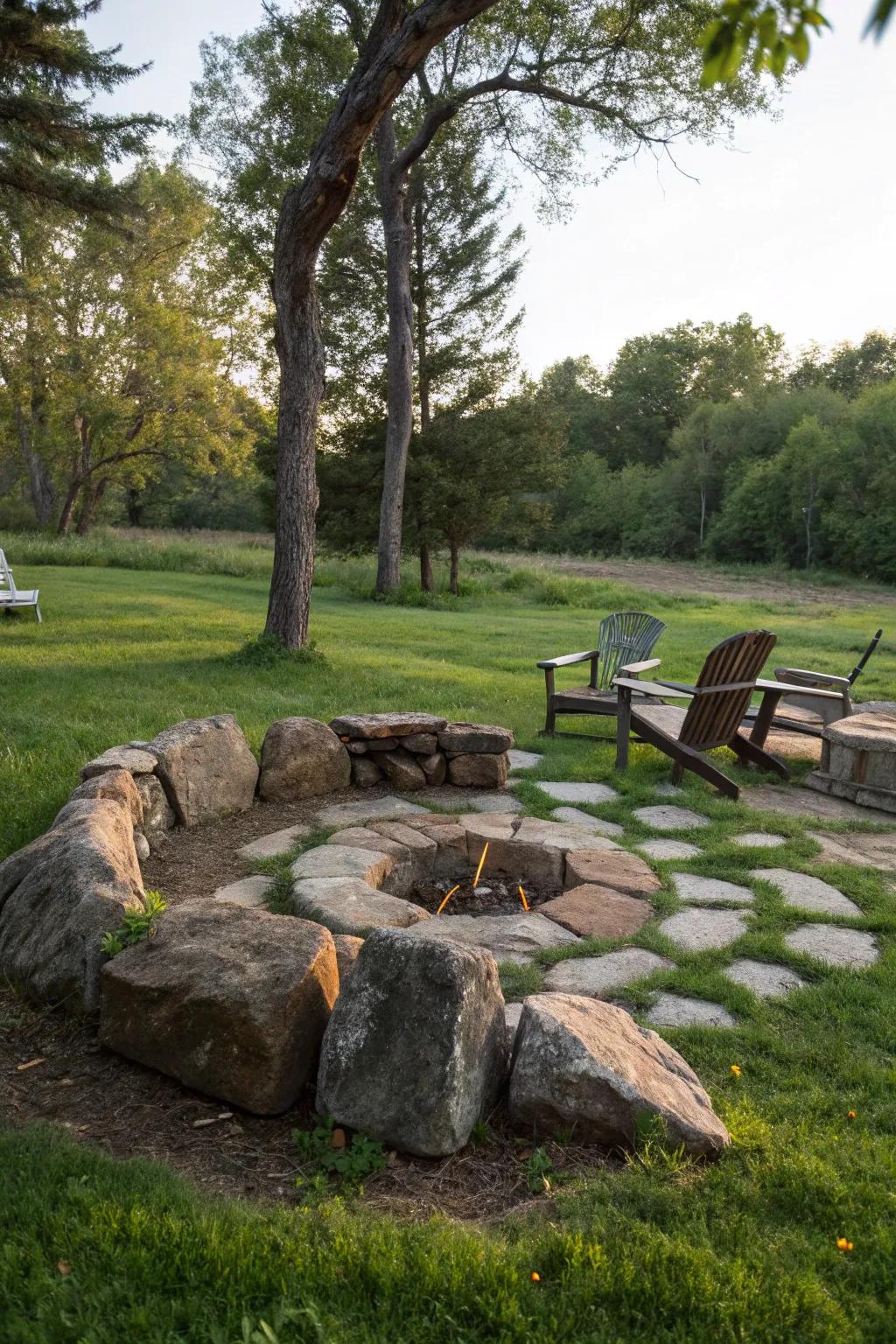 A classic rock circle fire pit sets the stage for unforgettable moments.