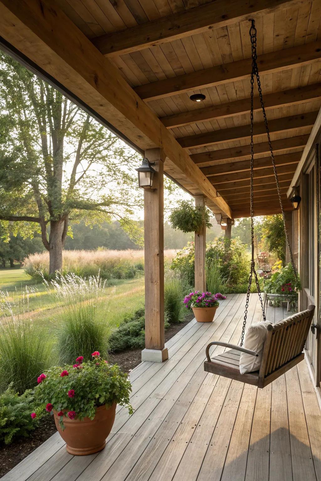 Exposed beams deliver a dash of rustic charm to this porch.