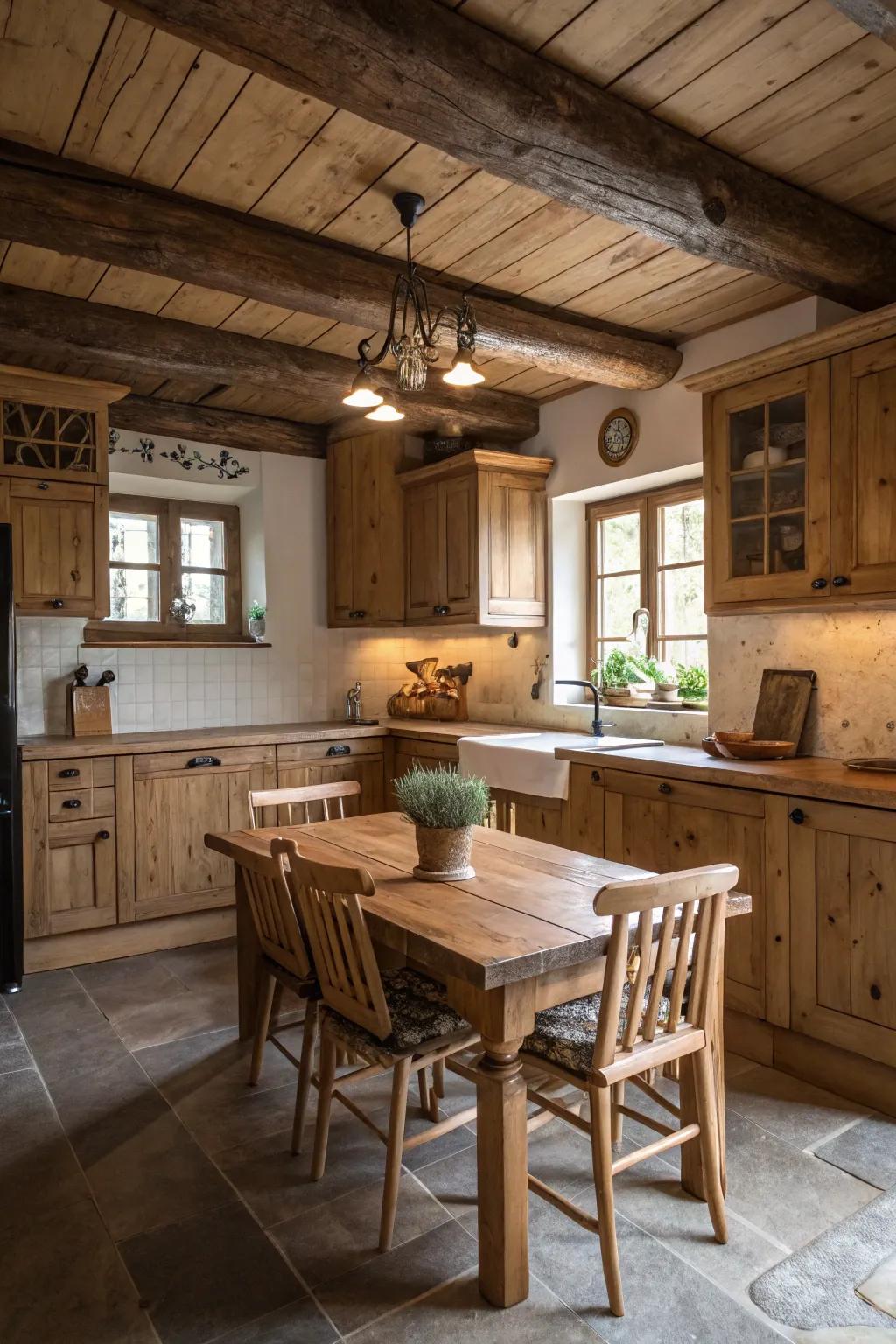 Untreated wood cupboards and worktops infuse comfort into this country-style kitchen.