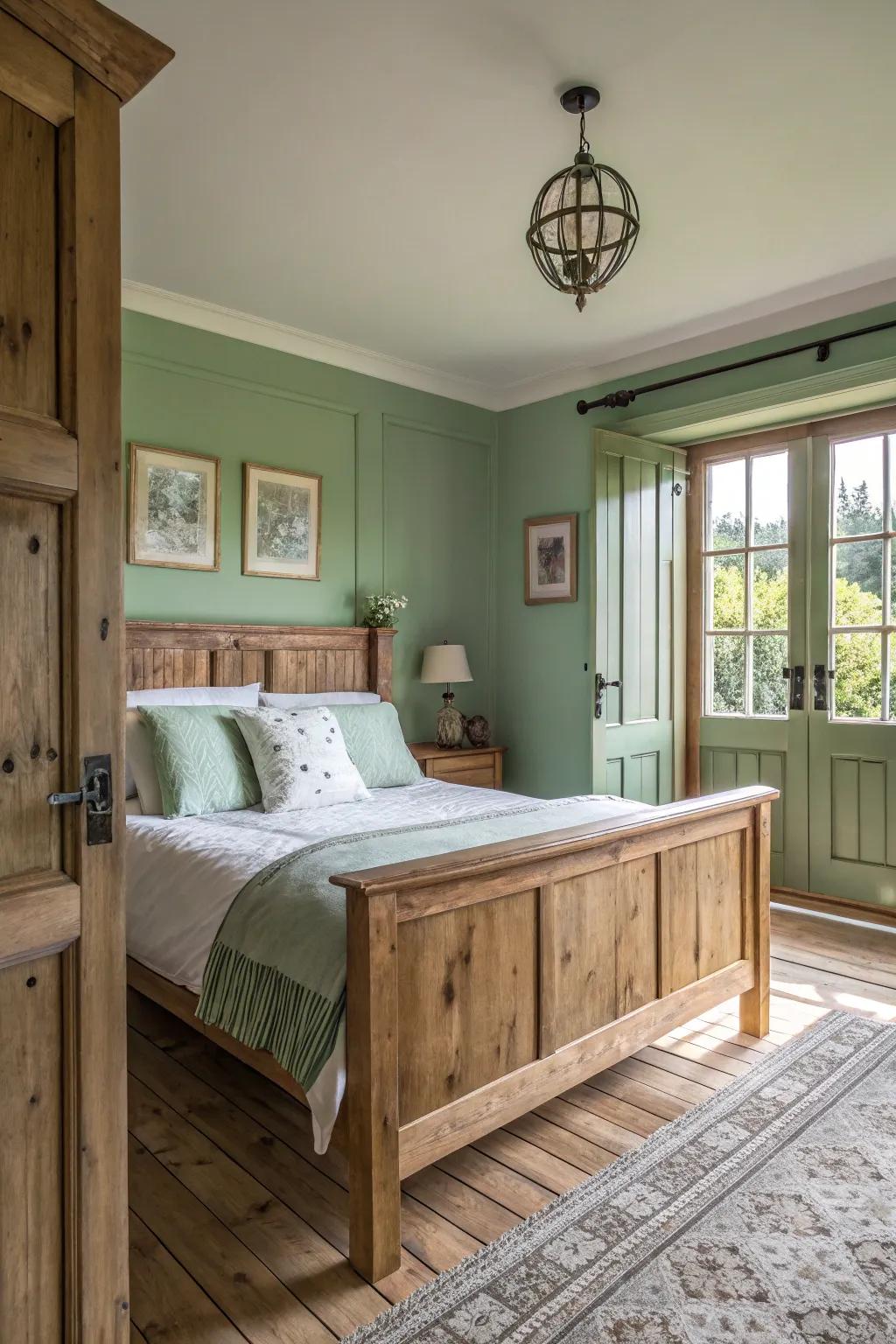 Sage green walls offer a serene backdrop to natural wood features.