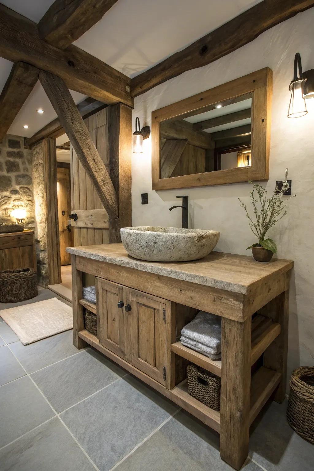 A rustic washstand made from restored timber adds charm and warmth.
