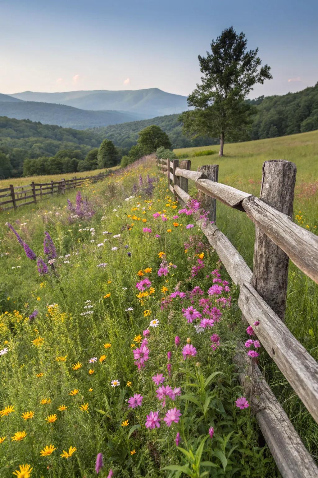 A vibrant wildflower meadow gracefully embraces a split rail fence.