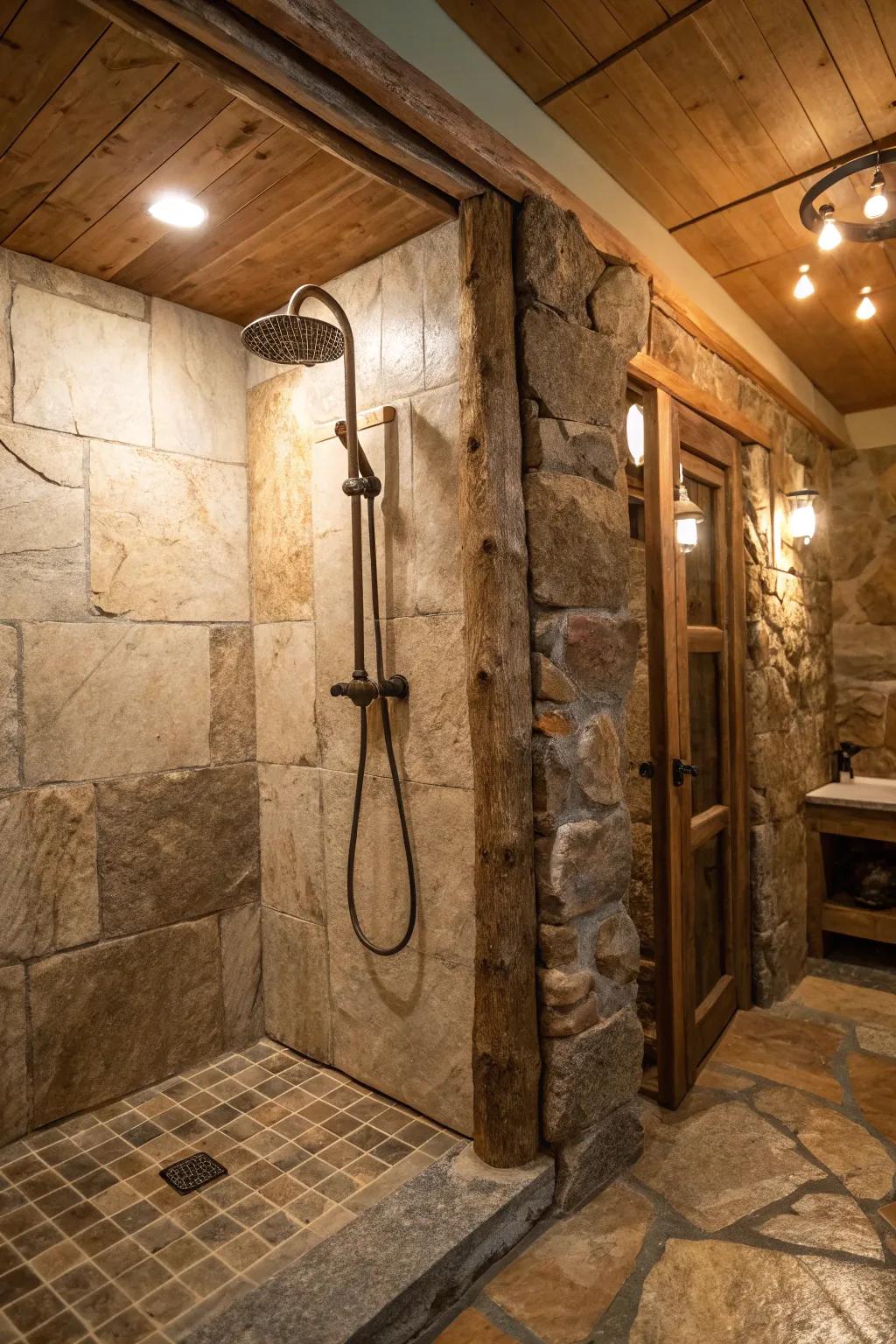 A countryside-inspired shower showcasing the timeless refinement of natural stone tiling.