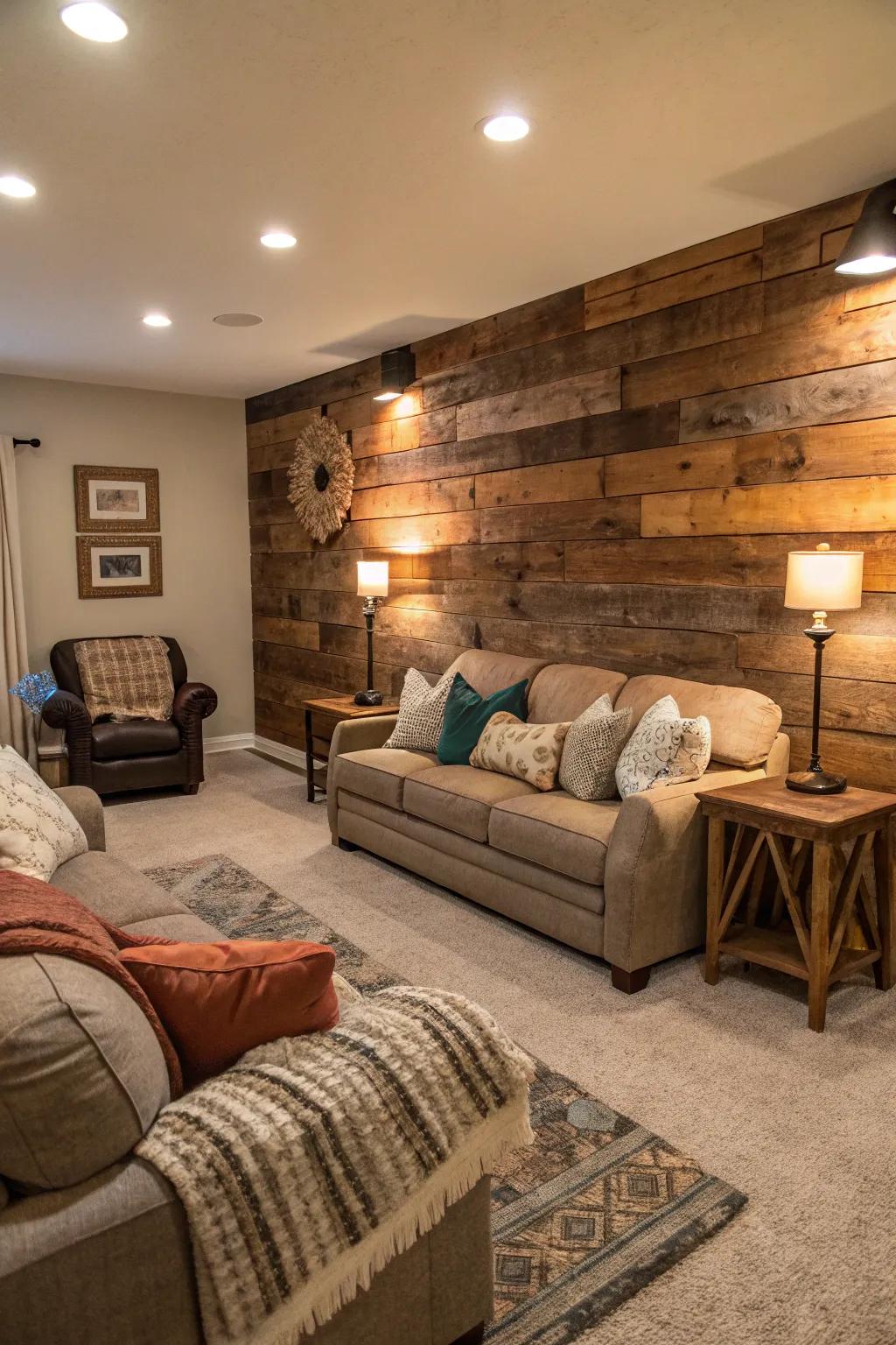 A family room showcasing a repurposed timber feature wall, which becomes an alluring central attraction.
