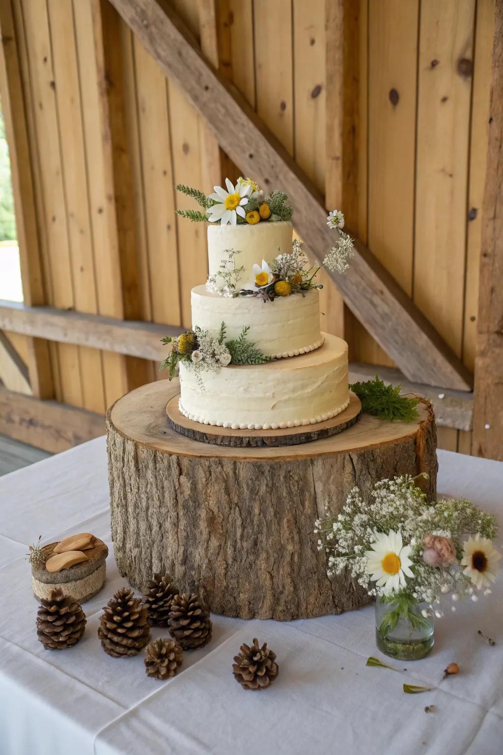 Classic natural wood round stand for displaying a rustic cake.