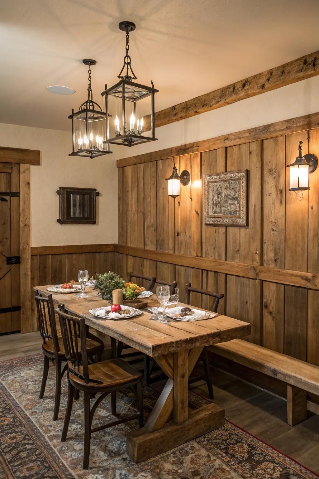 Recycled wood paneling enriches the appeal and background of your eating space.